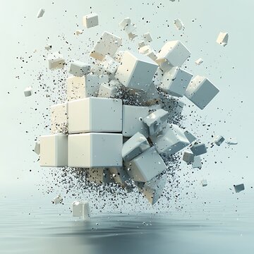 Cubic Explosion: A cluster of white cubes disintegrates into countless smaller fragments, creating a dynamic visual of destruction and deconstruction.