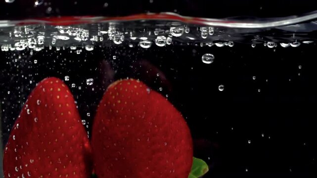 fresh strawberries fruit dropped into water in super slow motion