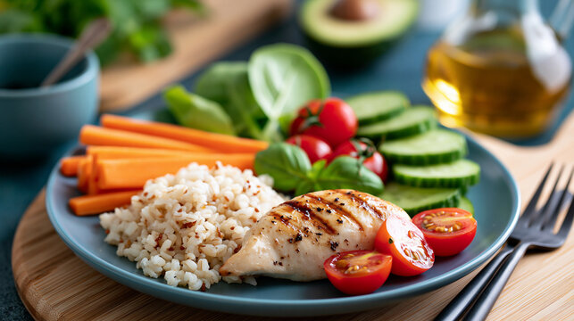 healthy portion control plate for a diet plan displayed in bright even lighting, nutrition concept, balanced meal, wellness, bright, with copy space