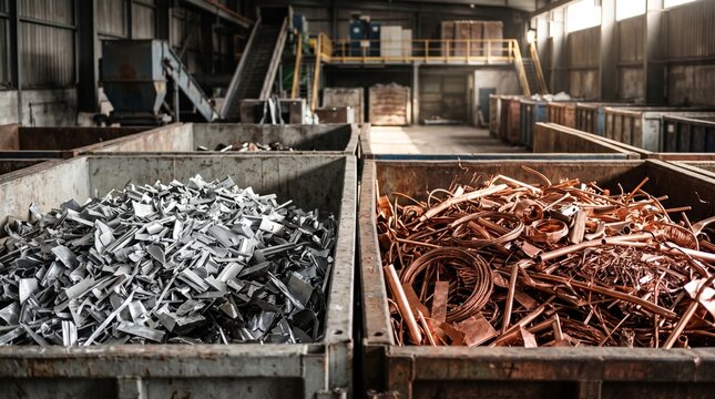 Sorted scrap metal in industrial bins: aluminum and copper ready for recycling