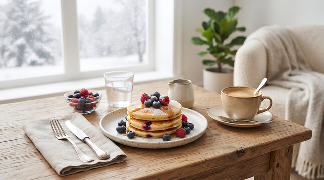 Cozy winter morning breakfast featuring blueberry pancakes, fresh berries, and coffee by a window.