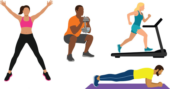 Fitness and Workout Vector Character Set Featuring People Doing Jumping Jacks Dumbbell Squats Running on Treadmill and Plank Exercises