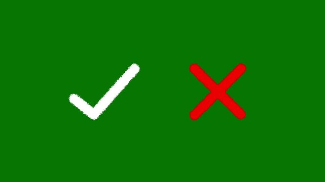 check mark and cross icon ideal for concept approval or rejection. yes or no checkmark icons in green tick box and red cross. Right and wrong sign animated on green animation