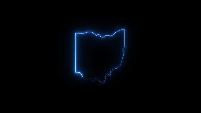 Neon Blue Ohio State Map Icon Animation, Glowing Outline Effect and USA Location Symbol Motion Graphic animation 4k video
