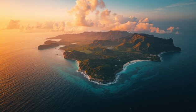 Sunlight filters through clouds over lush tropical peninsula and deep blue ocean landscape.