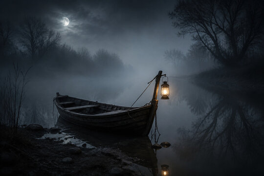 An old wooden rowboat with a lantern, moored at a foggy riverbank at night.