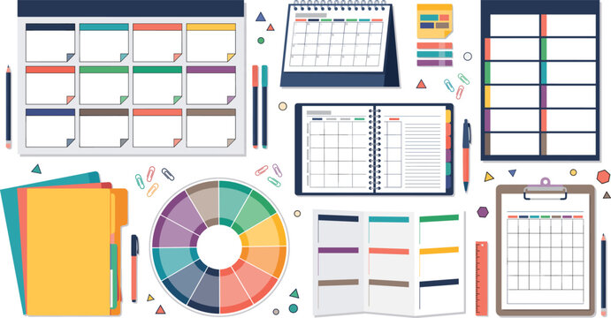 Flat outline vector illustration collection of business productivity tools project management planners calendars and task organizing office stationery elements
