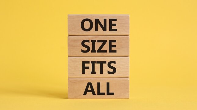 One size fits all message on wooden blocks, stacked timber bricks with business text, universal solution concept on yellow background