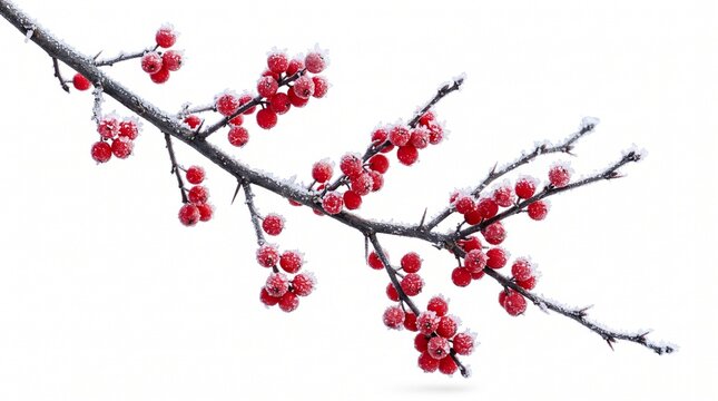 Frosted red berries on thorny branches against a clean white background