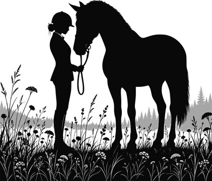 Silhouette of a female rider with her horse: Design for equestrian club logos, horse breeding farm brochures, or country life posters. Transparent background EPS version.