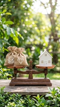 Weighing the value of a dream home against the weight of money, a classic scale balances a miniature white house with two burlap sacks filled with money and diamonds.