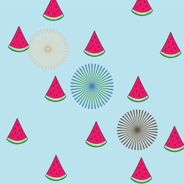 Seamless watermelon fruit pattern with abstract radial starburst on light blue background