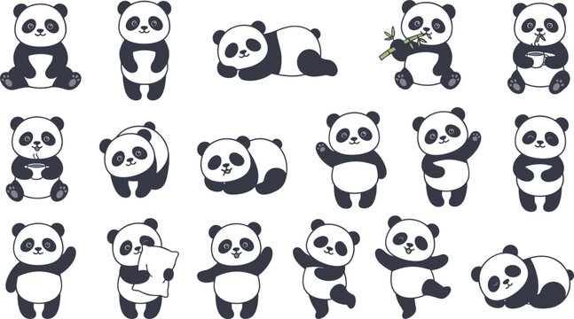 Cute panda cartoon character collection set sitting standing waving dancing eating bamboo playful poses vector illustration isolated on white background