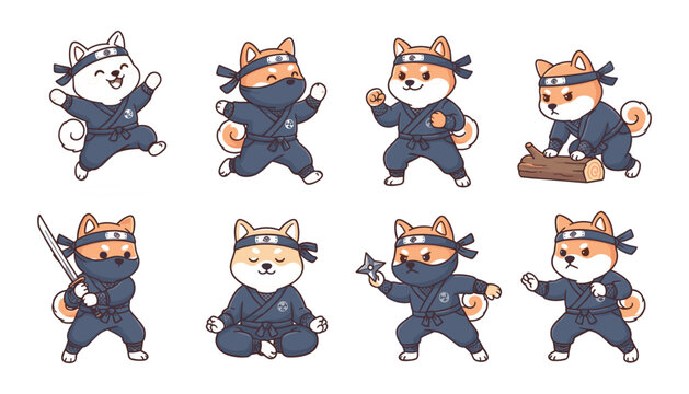 Cute ninja dog cartoon collection kawaii shiba inu characters martial arts poses playful action vector illustration set isolated on white background