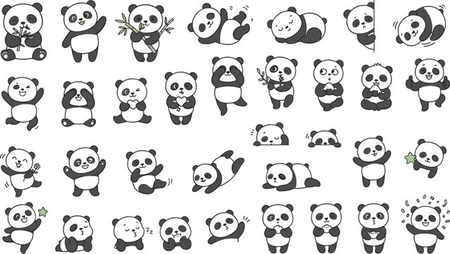 Cute panda cartoon mega collection set playful poses eating bamboo sitting rolling waving adorable baby animal vector illustration isolated on white background