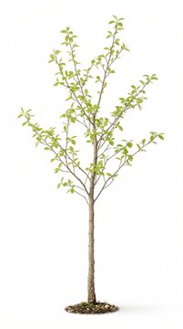 Young deciduous tree with fresh green leaves on white background