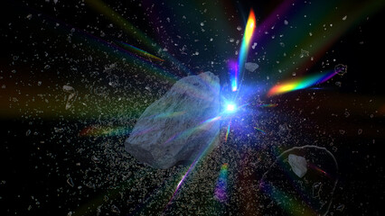 Asteroid floating with glowing rainbow lens flare light isolated on transparent background © Raihan
