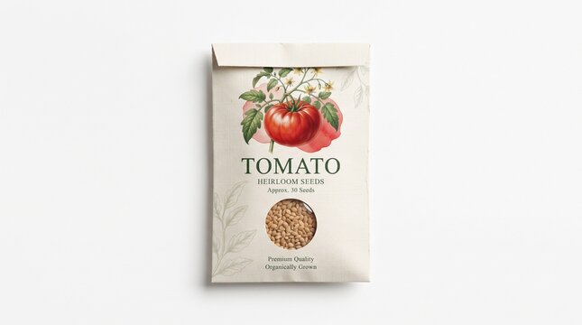 Realistic Mockup of a Seed Packet Featuring Vintage Tomato Illustration for Organic Gardening and Sustainable Agriculture Projects