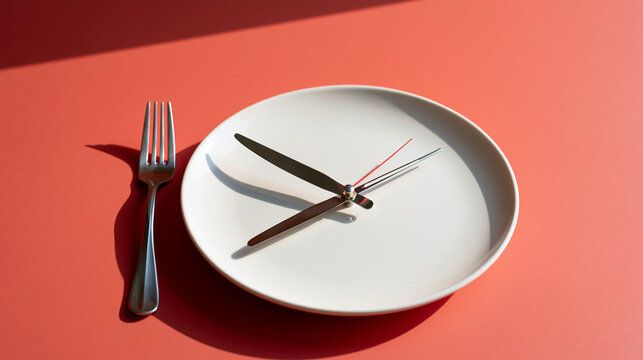 minimalist clock-styled plate with cutlery as clock hands and food portions on a bright coral background, intermittent fasting concept, diet timing, bright, with copy space
