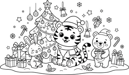 Naklejka premium Cute Christmas animals coloring page tiger bear bunny with tree gifts holiday winter cartoon outline illustration isolated on white background