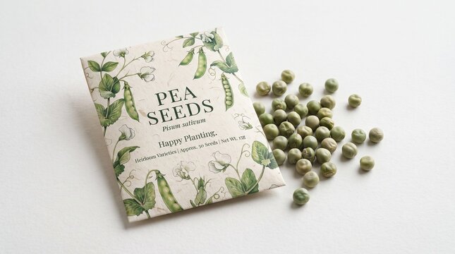 Packet of Dried Green Pea Seeds Displayed with Artistic Botanical Illustration for Gardening and Organic Vegetable Planting Projects