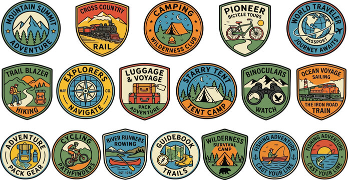 Set of vintage travel adventure exploration and outdoor badges and patches with retro color palette mountain summit camping wilderness bicycle tours world traveler hiking trail explorers navigat