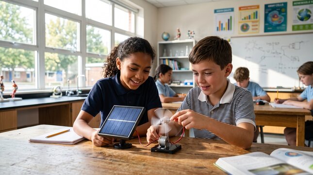 Children experimenting with solar power and renewable energy in a classroom setting