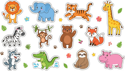 Naklejka premium Cute Jungle Safari Animals Cartoon Set Lion Elephant Giraffe Tiger Monkey Characters Hand Drawn Kids Collection