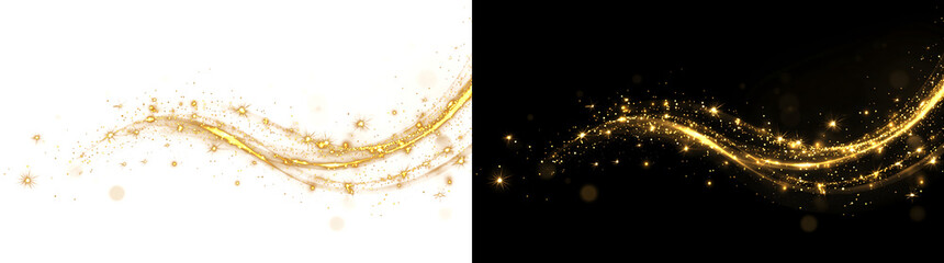 Gold magic sparkle wave with glowing star effects swirling across a banner for luxurious and festive background designs with PNG, Transparent and Black Background Versions © Rubel