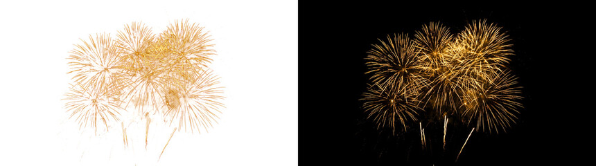 Fototapeta premium Gold fireworks burst explosion with sparkling trails and luminous sparks for holiday celebration overlays with PNG, Transparent and Black Background Versions