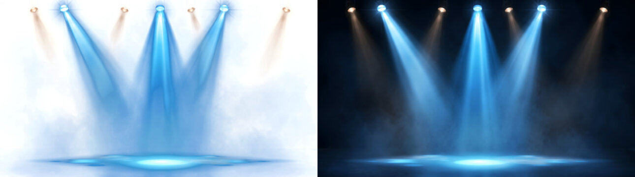 Bright blue and warm stage spotlight beams with smoky ground effects for concert backdrops and display designs with PNG, Transparent and Black Background Versions