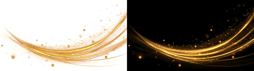Golden swoosh light curve glowing brightly with sparkling particles for design in PNG, Transparent and Black Background Versions © Rubel