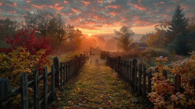 Country garden with wooden fence and morning mist