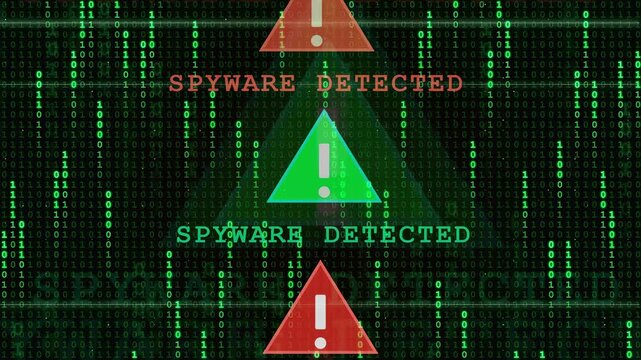 Digital Security Warning Screen with Spyware Detected Alerts and Binary Code Background Animation
