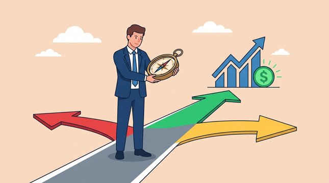 Professional businessman holding vintage navigation compass standing on intersection of different colored road arrows while observing growth chart and currency coin symbol during strategic planning ph