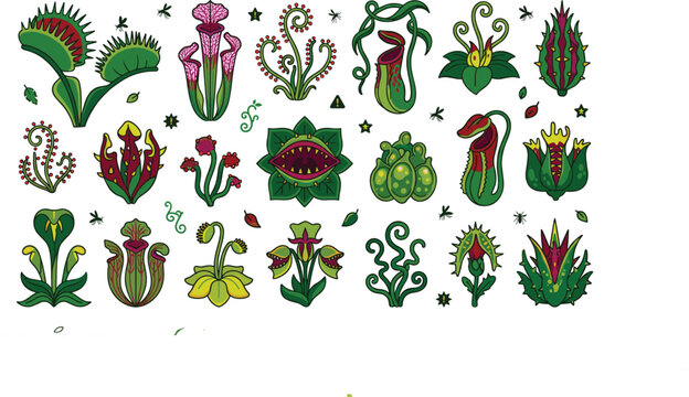 Carnivorous Plants Vector Icon Set with Venus Flytrap Pitcher Plant and Exotic Monster Flora Elements for Fantasy Nature Graphic Designs