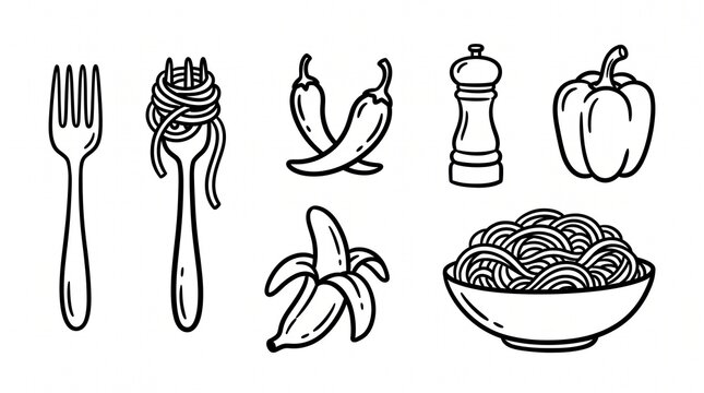 Minimalist food and kitchen utensil icons rendered as bold black line art sketches featuring spaghetti on a fork alongside pepper vegetables banana and a condiment shaker on white background