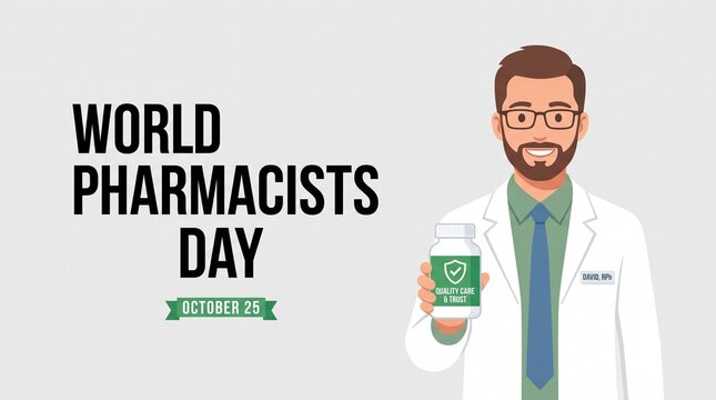 Friendly male pharmacist wearing a professional white coat and glasses holds a small plastic medicine bottle while standing next to bold black text celebrating the annual global world pharmacists day