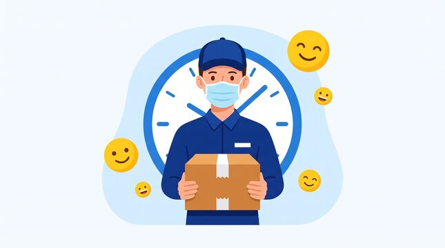 Delivery man wearing a blue uniform and medical mask holds a brown cardboard shipping box in front of a giant clock face surrounded by cheerful yellow smiling emoji faces illustration.