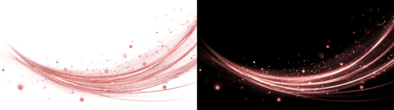 Rose gold flowing lines and sparkling bokeh particles curving across a banner for elegant abstract overlays with PNG, Transparent and Black Background Versions