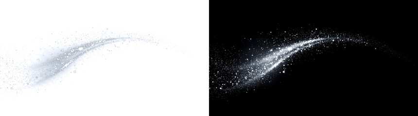White and silver particle smoke drifting in an arc overlay ideal for surreal backgrounds with PNG, Transparent and Black Background Versions © Rubel