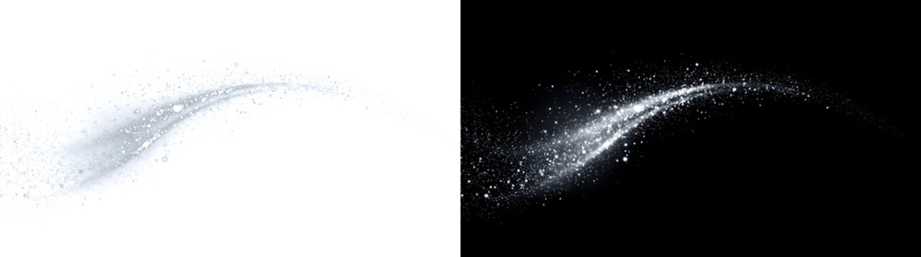 White and silver particle smoke drifting in an arc overlay ideal for surreal backgrounds with PNG, Transparent and Black Background Versions