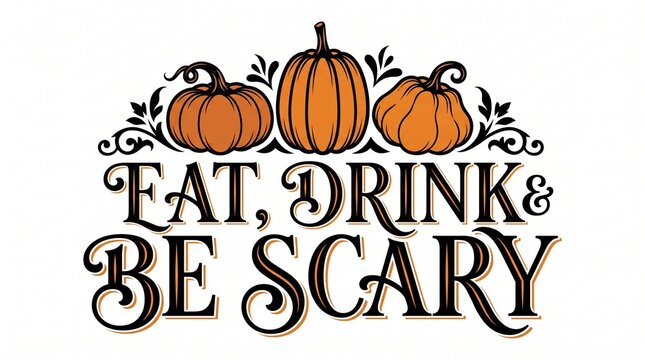 Eat, drink and be scary typography with orange pumpkins and swirls