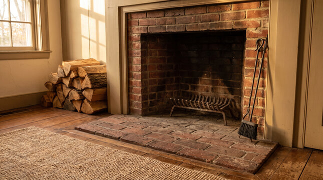 Clean swept brick fireplace with stacked firewood and iron tools ready for the cold season