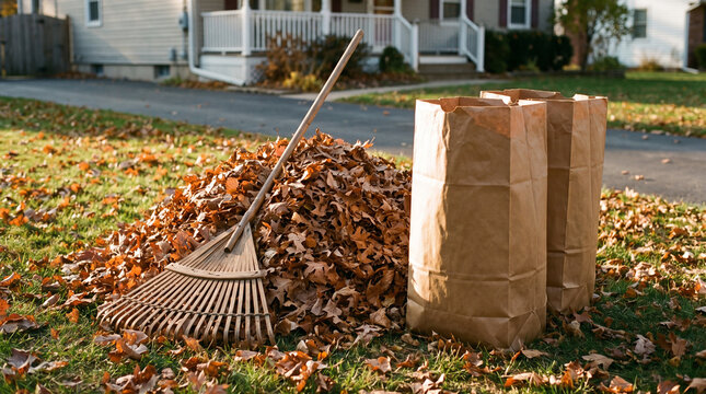 Leaf rake and paper yard waste bags beside a pile of raked leaves on a suburban lawn
