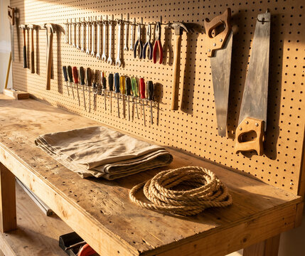Home garage workbench with hand tools neatly organised on a pegboard wall