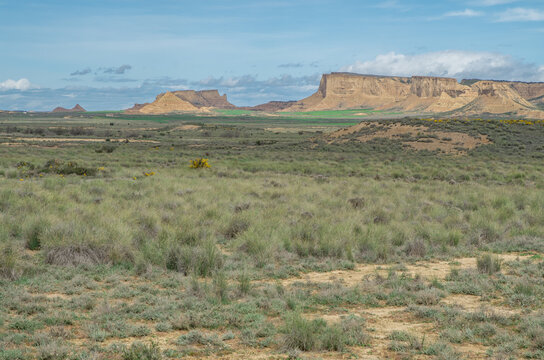 Vast grass lands among the eroding clay hills of the semi-desert Bardenas Reales, Spain