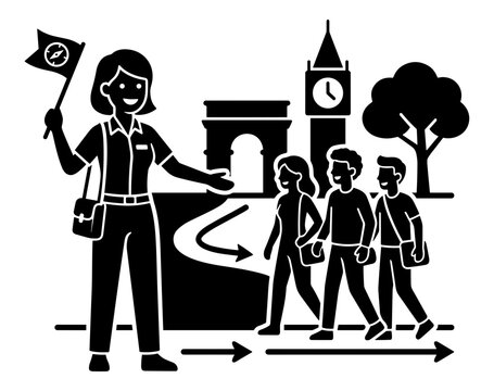 Tour Guide Leads Group Past Landmarks for City Exploration