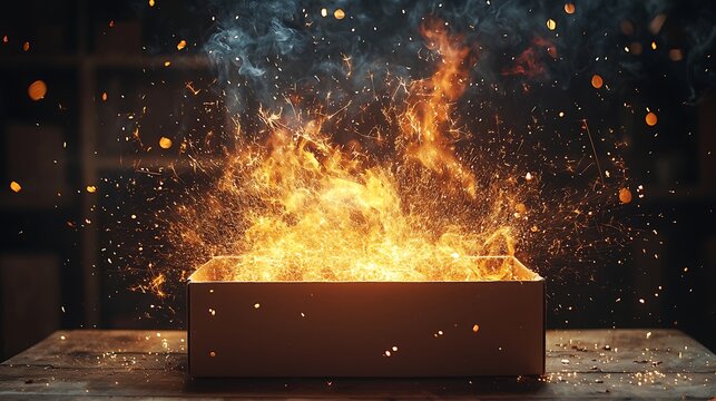 Explosion of Flavors: A box ignites with fiery passion, sending embers and sparks dancing in the air. This dynamic image captures the intense heat and vibrant energy of culinary creation.