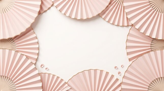 Pink paper fans on white background with rose petals